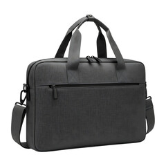 Dark gray textured briefcase bag with shoulder strap on transparent background