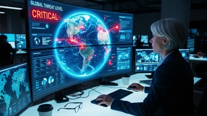 A cybersecurity analyst monitors high-stakes global threat data on multiple screens, analyzing the critical status of various regions while tapping into a digital interface to assess real-time alerts. - Powered by Adobe