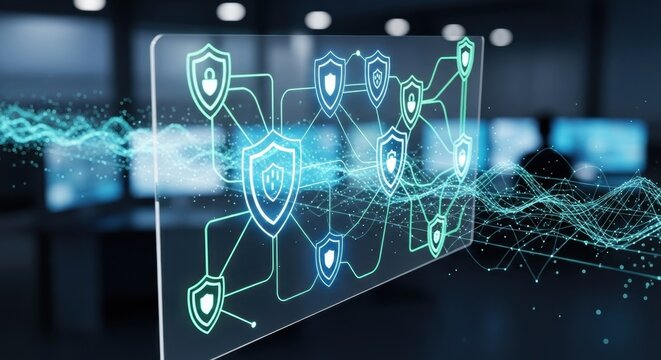 Transparent screen showing digital shield icons with neon cybersecurity effect lines