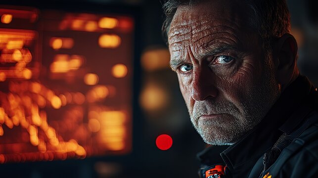 Intense portrait of a mature man with a determined gaze in front of a complex computer display showing data and information analysis - Powered by Adobe