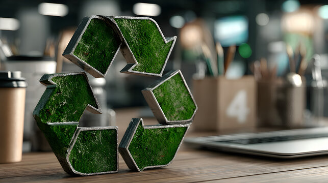 Green recycle symbol icon sign with professional environment background to represent recycling or sorting of waste at office and for working people - Powered by Adobe