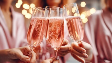 A group of women toast with champagne flutes in celebration with rose colored bubbly.