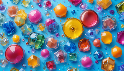 Colorful abstract background with vibrant geometric shapes and glossy bubbles on a blue surface