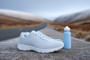 Photorealistic trail runners on a frosty road surrounded by mountains and a refreshing water bottle during a quiet morning. Dry January