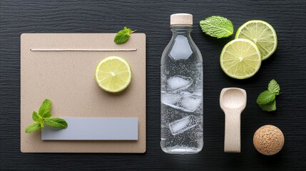 A flat lay composition featuring a clear bottle of sparkling water with ice, fresh lime slices, mint sprigs, a small wooden spoon, and a cork on a dark, texture
