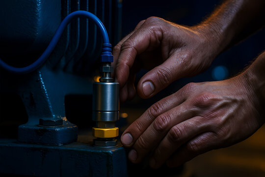 Mechanic's hands connecting a hose to industrial machinery