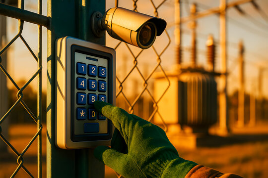 Entering access code on security keypad at a power station at sunset