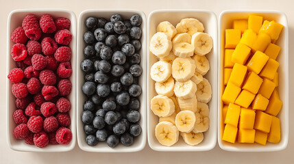 Four white rectangular bowls with different fruits inside: blueberries, raspberries and banana slices and mango cubes. top view, light beige background