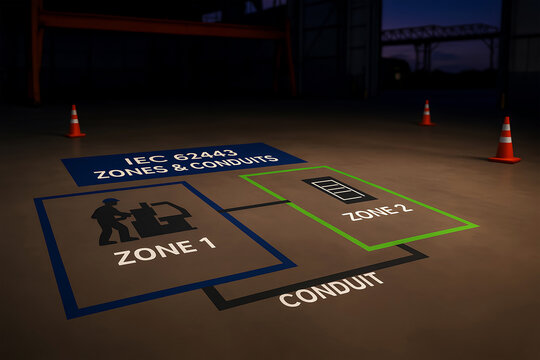 IEC 62443 Zones and Conduits diagram on industrial warehouse floor