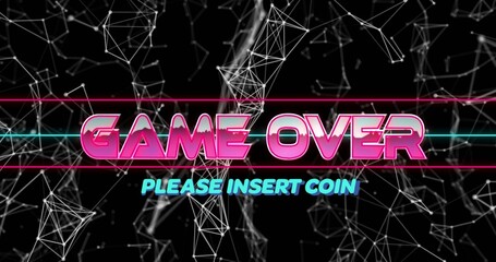 Flashing centered retro arcade screen displaying GAME OVER and PLEASE INSERT COIN, neon bars