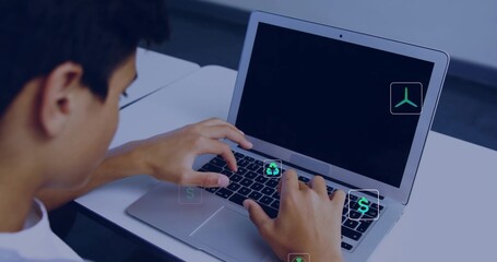 Typing teen in white tee on silver laptop at desk, showing binder left and icon overlays