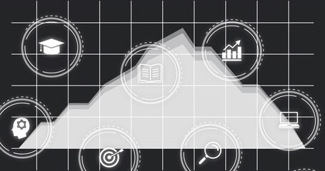 Displaying central light-gray area chart spanning center on dark grid, showing dotted icon badges © vectorfusionart