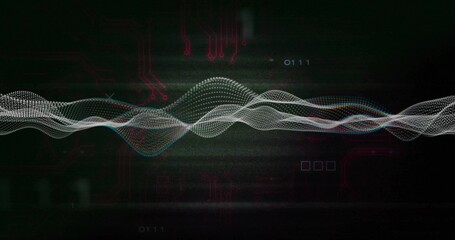 Pulsing central dotted waveform flowing across HUD icons, showing binary 0111, magenta traces © vectorfusionart