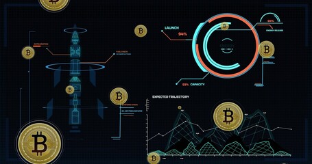 Displaying crypto HUD on dark grid pulsing with BTC icons, progress ring, rocket, copy space
