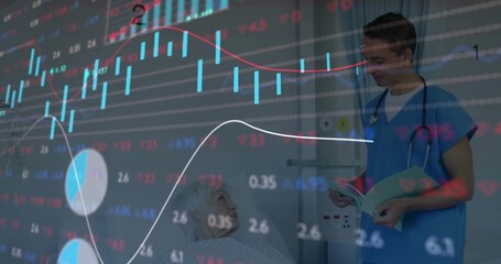 Doctor in blue scrubs reading chart at hospital bed, gown, stethoscope, finance overlay, copy space