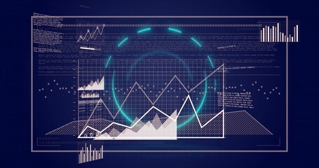 Showing futuristic dashboard with grid, line, area and bar charts on navy glowing cyan rings