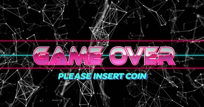 Flashing centered retro arcade screen displaying GAME OVER and PLEASE INSERT COIN, neon bars