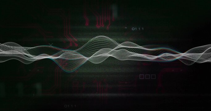 Pulsing central dotted waveform flowing across HUD icons, showing binary 0111, magenta traces - Powered by Adobe