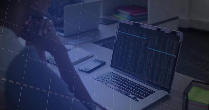 Rubbing temples man in casual shirt at dim office desk, viewing laptop terminal, phone, copy space