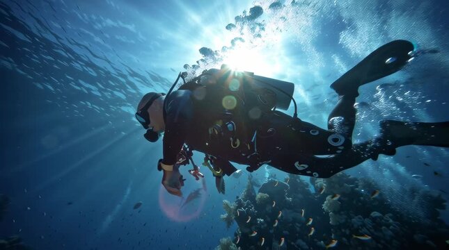 A portrait angle, action shot of a man in full scuba gear, mid-motion, powerfully propelling himself through the water. He's swimming alongside turtles and a school of vibrant fish, with sunlight dapp