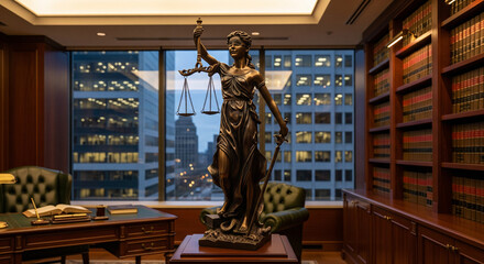 Justice Statue in Law Office with City View and Bookshelves