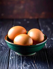 Eine rustikale Keramikschale, gefüllt mit braunen Eiern, steht auf einem dunklen Holztisch.