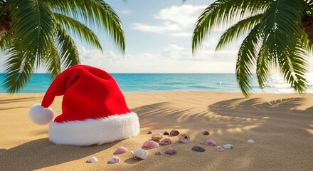 Santa Hat on Beach Sand with Seashells and Palm Leaves by the Ocean
