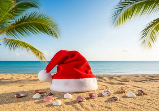 Santa Hat on Beach Sand with Seashells and Palm Leaves by the Ocean - Powered by Adobe