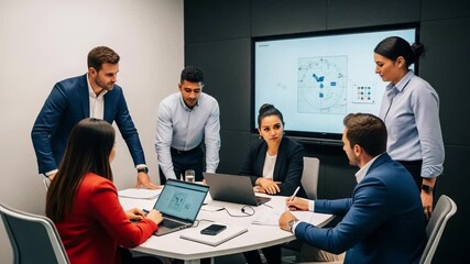 A team of professionals collaborates in a modern meeting room, exchanging ideas and analyzing data through digital presentations and documents, emphasizing teamwork  - Powered by Adobe
