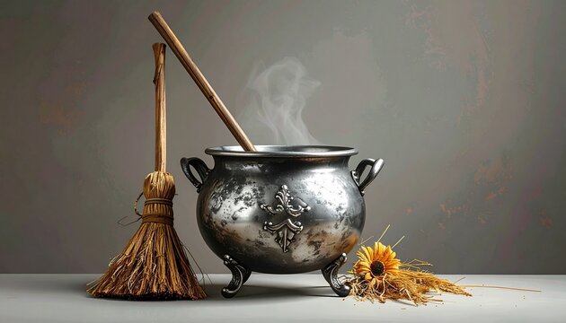 Steaming ornate cauldron with broom and dried sunflower on neutral backdrop. - Powered by Adobe