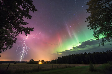 Fototapeta premium Spectacular Multicolored Lightning Storm Under a Starry Night Sky