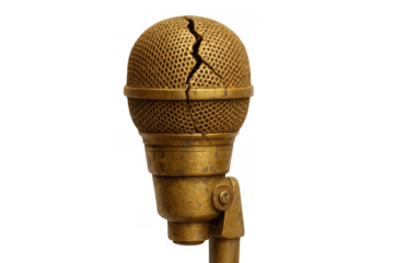 Broken vintage golden microphone with crack on metal mesh grille representing censorship, silenced voices, and suppressed communication