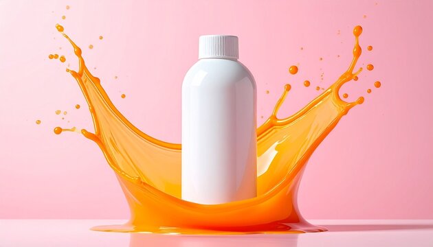 White bottle with orange splash on pink background, dynamic and vibrant.