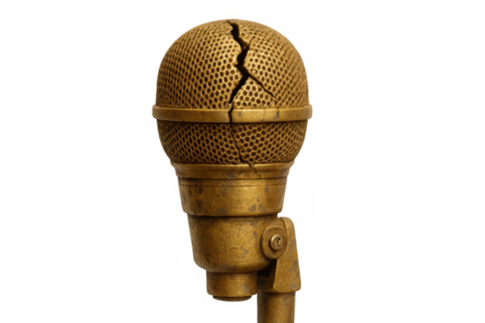 Broken vintage golden microphone with crack on metal mesh grille representing censorship, silenced voices, and suppressed communication