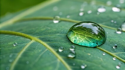 Close-up view of a large water droplet resting on a green leaf, highlighting leaf texture and natural freshness in vivid detail.