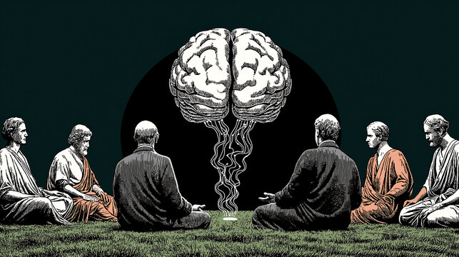 Two men in Greco-Roman attire sit on grass, with a floating tech robot brain between them