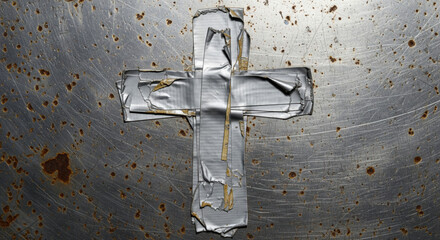 Weathered silver duct tape cross on a scratched, rusty metal grunge background texture