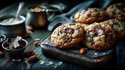 close up oatmeal cookies pile on the table