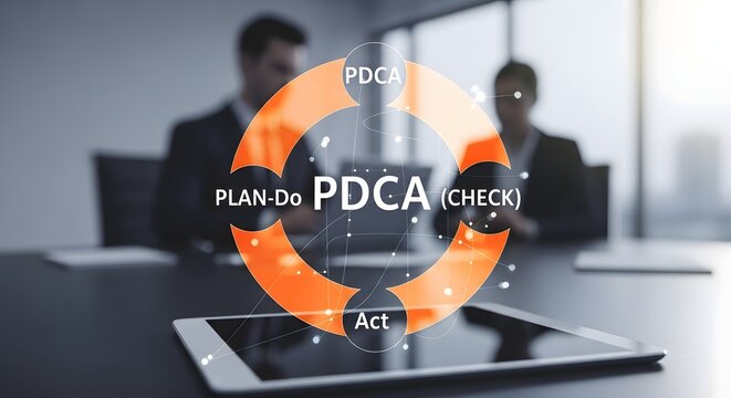 Pdca cycle concept with business people in background and tablet