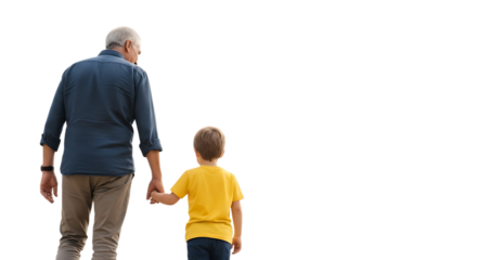 Elderly man in blue shirt, holding hands with young boy in yellow shirt, cutout, PNG isolated on white or transparent background