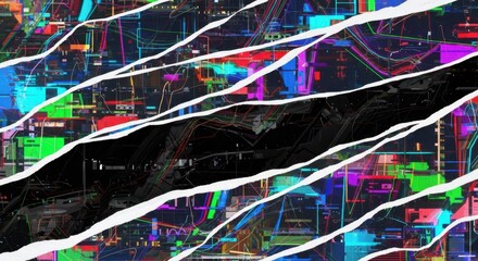 Aggressive distortion tearing neon layers into chaotic glitch abstract background