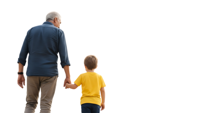 Elderly man in blue shirt, holding hands with young boy in yellow shirt, cutout, PNG isolated on white or transparent background - Powered by Adobe