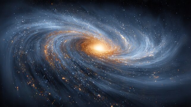 Vibrant blue and orange spiral galaxy swirling in deep outer space with glowing starfield and cosmic nebula background