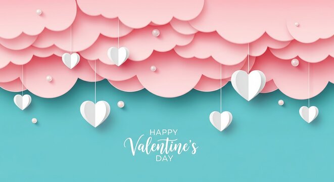 Paper art pink clouds and hanging hearts for a valentine's day - Powered by Adobe