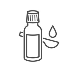 Cough syrup bottle icon with measuring cup and medication spoon pictogram. Healthcare liquid remedy illustration featuring pharmaceutical container and dosage tools