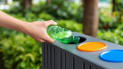 Hand placing green plastic bottle into recycling bin, symbolizing waste sorting, environmental care, and sustainable practices