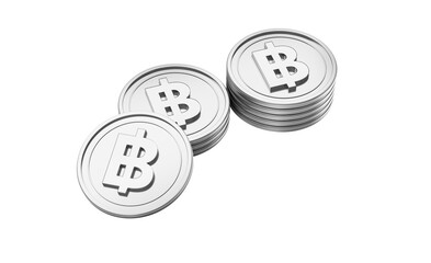 Shiny silver Thai Baht symbol coins, stacks of money and financial concept.