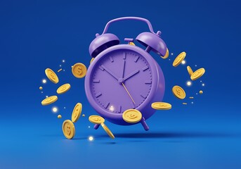 Time is Money Conceptual Illustration with Purple Alarm Clock and Floating Gold Coins on Blue Background Business Investment Concept