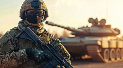 A determined soldier stands at attention in full combat gear in front of a tank.