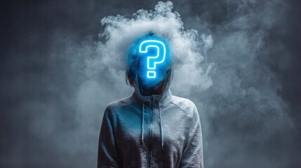 Person with a glowing question mark head in a cloud of smoke